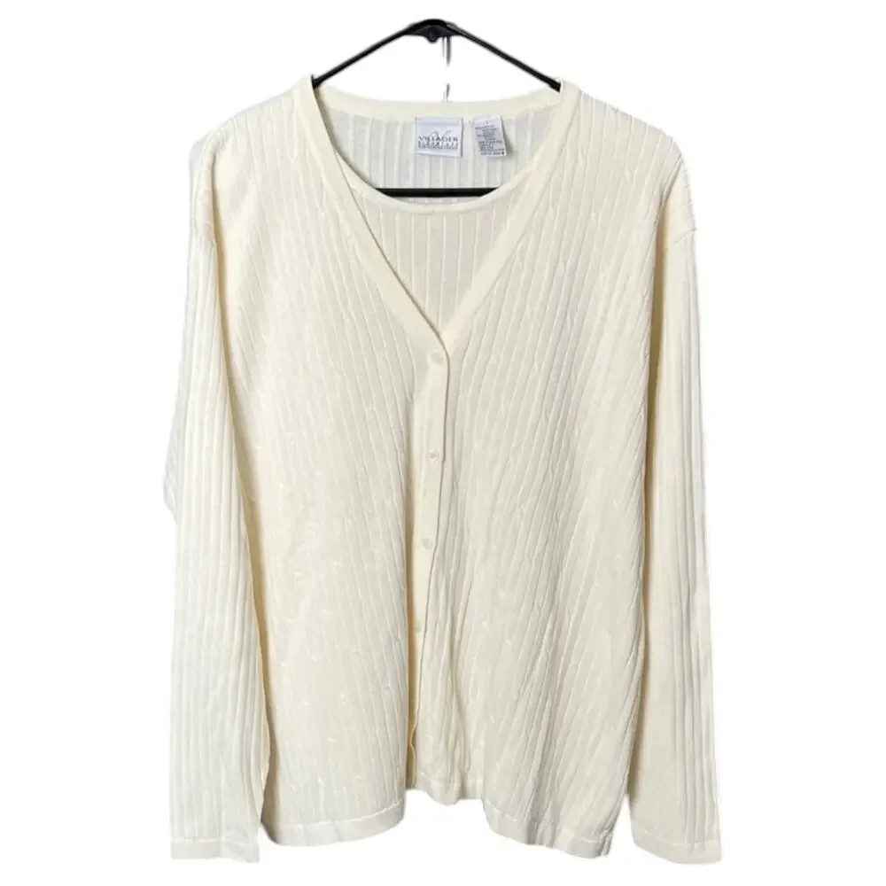 Vintage 90s Liz Claiborne Villager Ivory Ribbed Faux Twinset Cardigan Size 1/XL